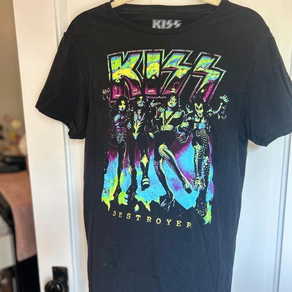 KISS Destroyer Graphic T-Shirt Black Neon Band Tee Mens Size Medium